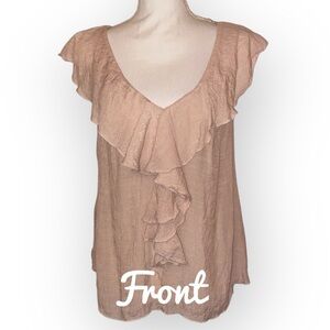 NEW LOOK Bohemian V-Neck Ruffle Crinkle Sheer Blouse Dusty Pink Beige Size Large
